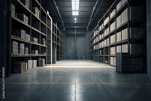 The interior of the Large Storage Room with shelves, racks, and merchandise. Business background. 