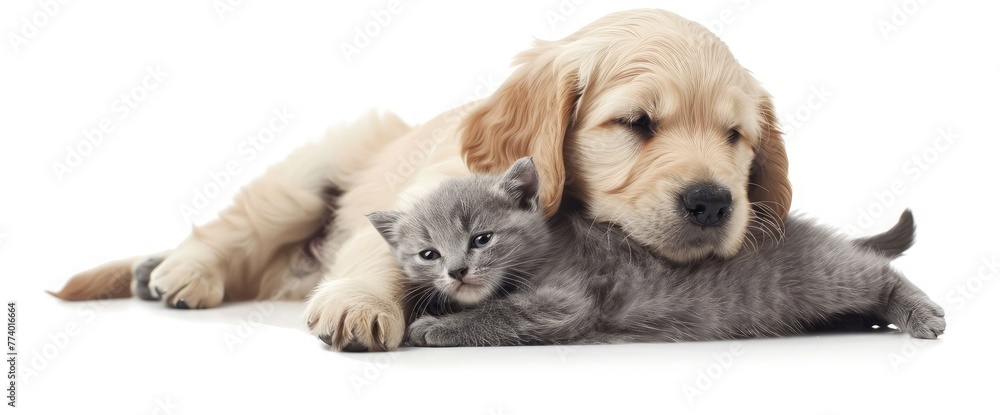 Obraz premium Golden retriever puppy hugs a tiny gray kitten. isolated on white background