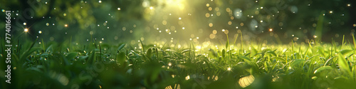 Enchanting Morning Dew on Fresh Green Grass with Sunbeams