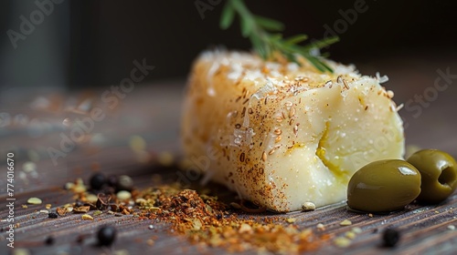 Close-up of seasoned cheese with rosemary and green olives on a textured wooden board with spices