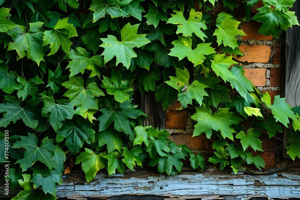 a green leaves on a brick wall a green leaves on a brick wall