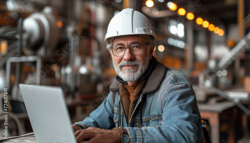 Mature architect wearing white construction helmet, hardhat and safety working on laptop in construction area