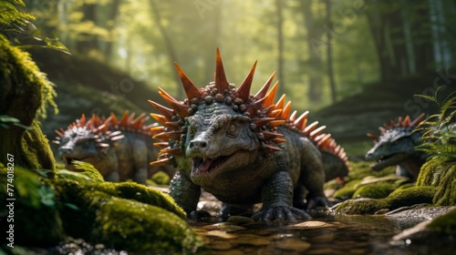 Stegosaurus dinosaurs in nature, forest. Historical extinct Animals living Many centuries before our era.