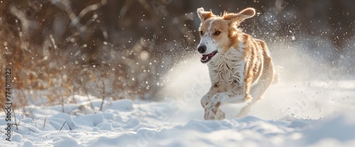 Portrait of Cute, funny and happy beige and white Russian borzoi dog or wolfhound running fast on the snow in the winter field photo