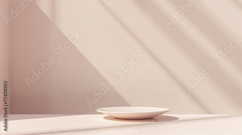 Clean kitchen table set with white ceramic bowl  spoon  plate  cup  and glass  with light and shadow   and space for text.