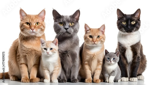 close up group of cats of different breeds sitting in a raw in a white background