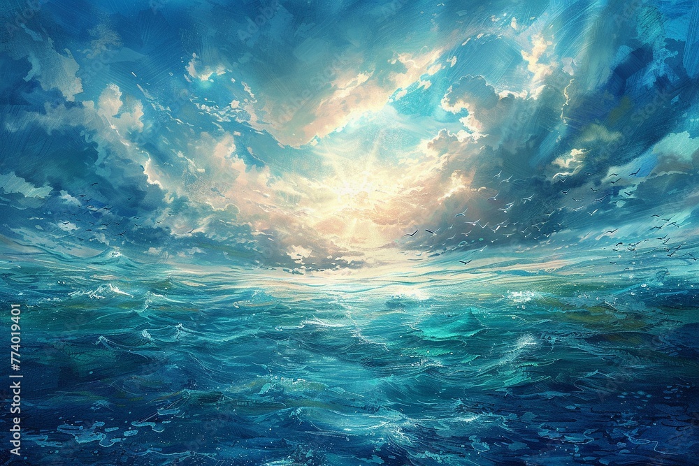 Ethereal ocean in surrealistic painting, dreamlike marine fish floating, imaginary and mystical underwater world - obrazy, fototapety, plakaty 