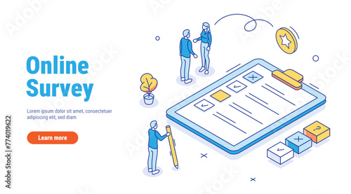 Online Survey outline isometric. People characters filling test in customer survey form. Woman and man putting check mark on checklist. Customer experiences and satisfaction vector concept. 