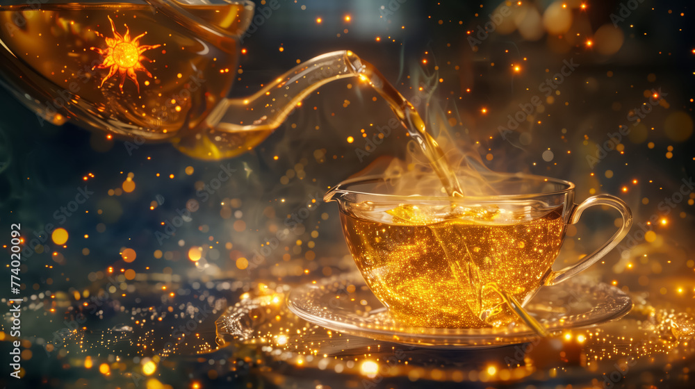 beautiful composition of tea is pouring from teapot into a cup. space for text beautiful composition of tea is pouring from teapot into a cup. space for text