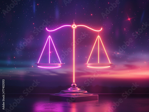A neon Libra scale balances perfectly in the night its light a minimalist symbol of harmony and justice among the stars. Generative ai.