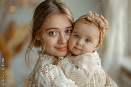 Tender Motherhood: Young Woman Embracing Her Baby with Love