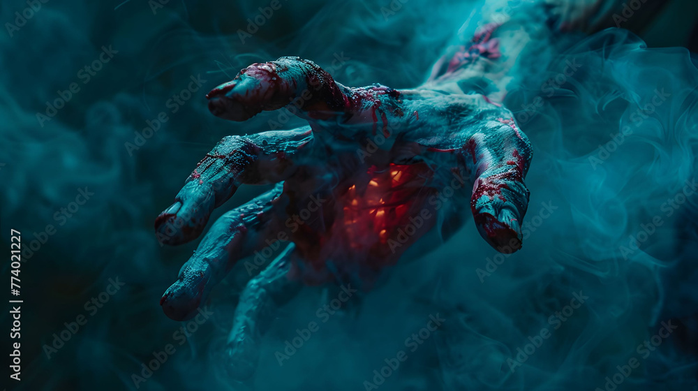 Zombie Hand Emerging from Mist in a Dark, Eerie Setting for Halloween Zombie Hand Emerging from Mist in a Dark, Eerie Setting for Halloween
