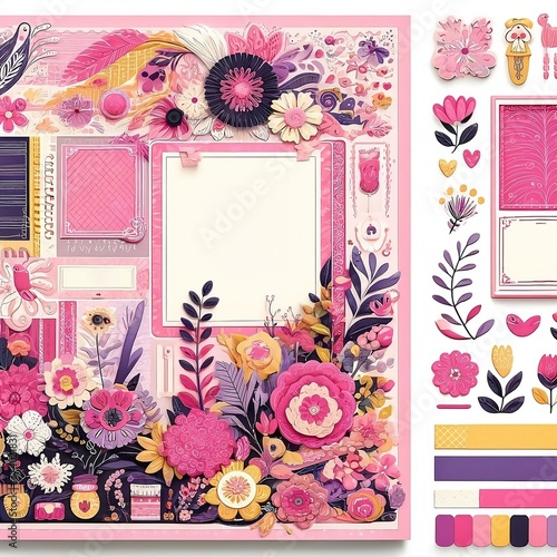 Assorted Pink Scrapbooking Supplies and Floral Decorations for Creative Projects