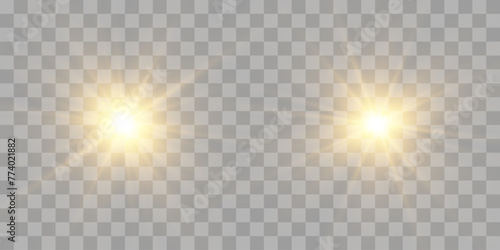 Vector transparent sunlight set, special flash light effect. Glow light effect, bright sun or spotlight beams. Light png. Decor element isolated on transparent background
