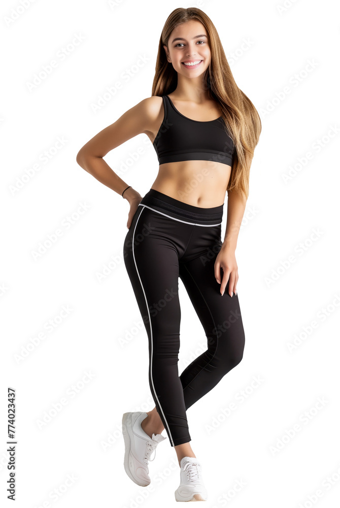 Young woman wearing a black sports bra top and leggings isolated on transparent background