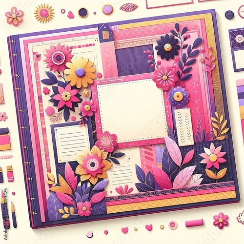Vibrant Handmade Scrapbook Layout Featuring Floral Embellishments and Layered Frames