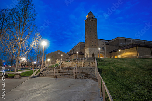 Morning view of staircase leading to the arena and its tower on the campus of Texas Tech University in the city of Lubbock