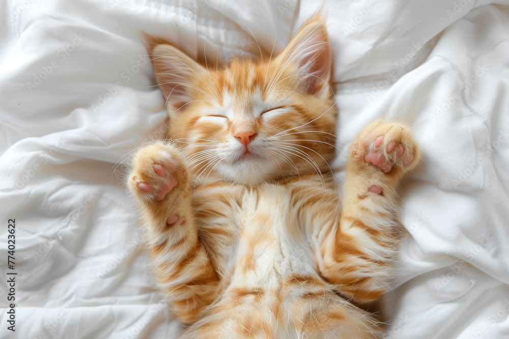 Adorable Ginger Kitten Napping Peacefully on White Bedding