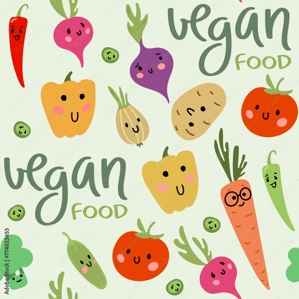 Fototapeta premium Seamless pattern VEGAN FOOD. Cartoon Vegetables. Broccoli, tomatoes, radishes, beets, carrot, onion. Abstract pattern for organic shop, healthy food store or vegetarian cafe.