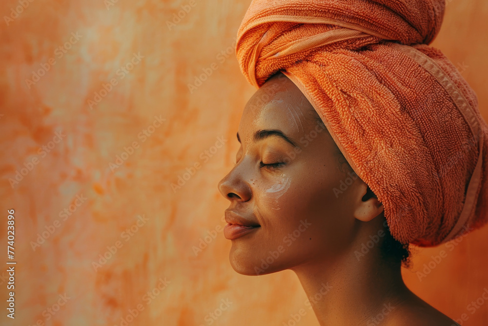 Serene Woman with Turban Enjoying a Skincare Routine Against an Orange Backdrop Serene Woman with Turban Enjoying a Skincare Routine Against an Orange Backdrop