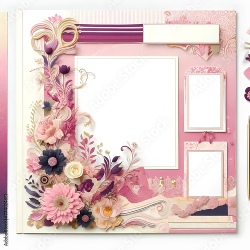 Elegant Handmade Scrapbook Page Layout With Floral Decorations and Picture Frames