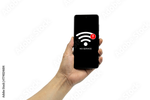 Cellular Problems Concepts. Man hand holding Smart phone with No Service icon on screen isolated on white background. All screen graphics are made up.