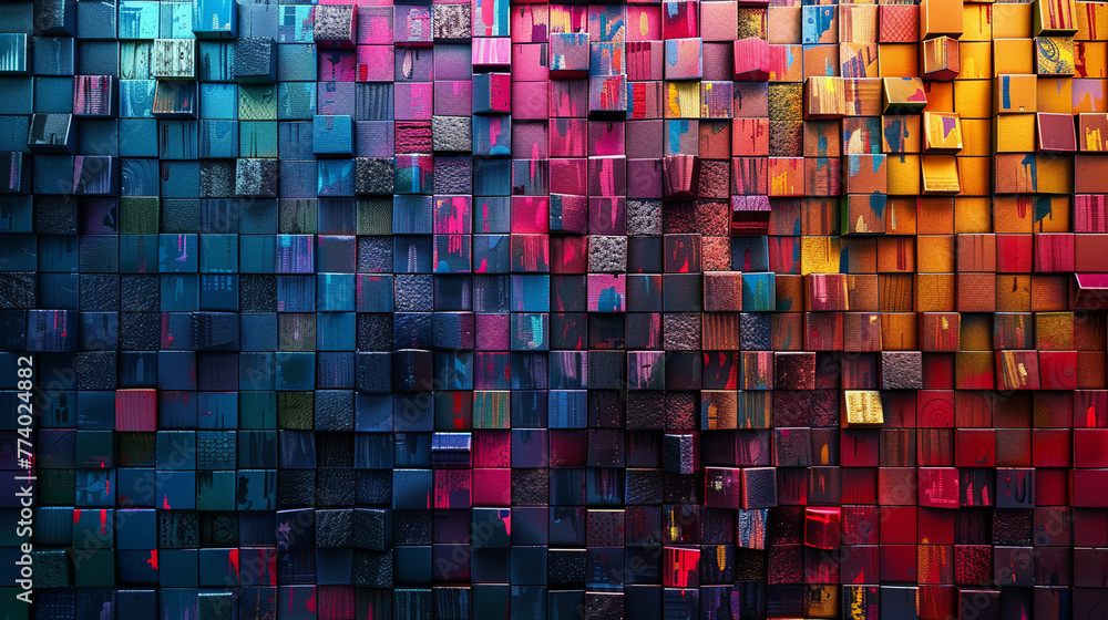 Pixelated digital mosaic, vibrant grid, retro tech allure