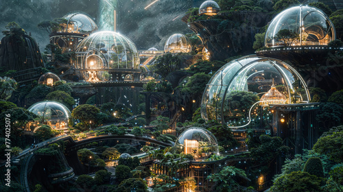 Luminous Bio-Dome Complex Nestled in a Lush Forest with Waterfalls