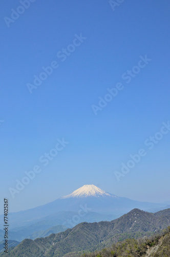 丹沢山地の丹沢山より新緑の山地と富士山と青空 