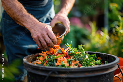 A man is making compost from kitchen leftovers 