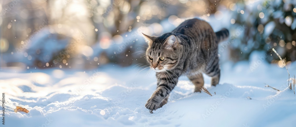 Cat playing with snow. Cat walking outdoors in snow in winter Cat playing with snow. Cat walking outdoors in snow in winter