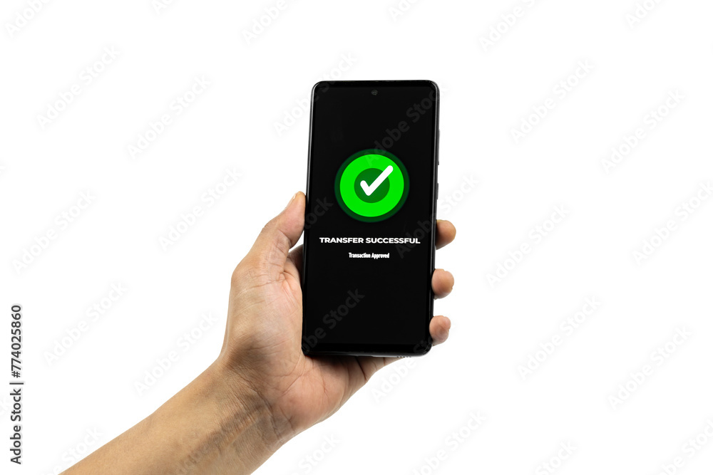 Online payment Concepts. Smartphone with Transfer Successful notification on screen isolated on white background. All screen graphics are made up. Online payment Concepts. Smartphone with Transfer Successful notification on screen isolated on white background. All screen graphics are made up.