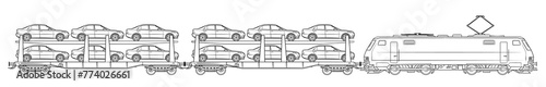 Cars carrier train illustration - black and white vector stock illustration