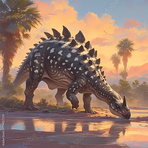 Explore the Prehistoric World with an Ankylosaurus as it Walks along a Riverbed amidst Natural Beauty
