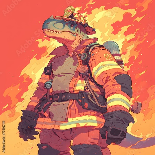 An Acrocanthosaurus in a Firefighting Suit Bravely Confronts an Inferno photo