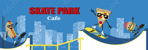 Cartoon Burger, pizza and hotdog skateboarding in cap and sunglasses on city background. Banner vector illustration