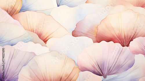 Colorful pastel seashells, watercolor background postcard