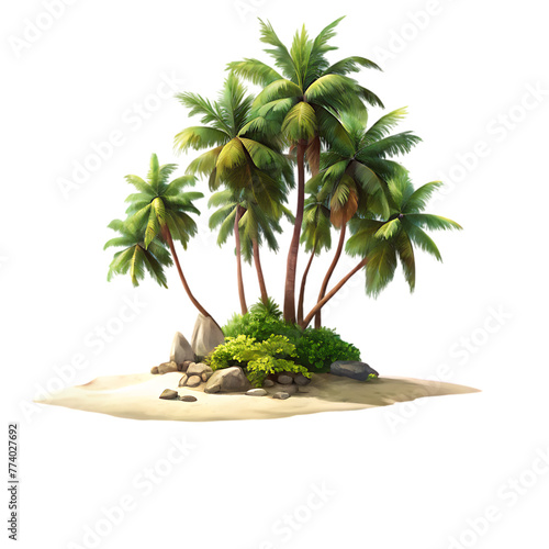 A tropical island with palm trees and sand