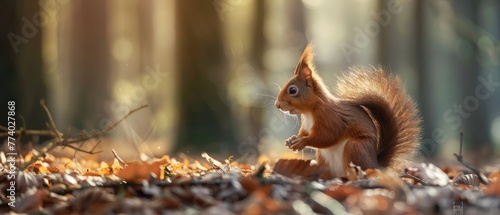 Eurasian red squirrel (Sciurus vulgaris) searching for food in the forest in the South of the Netherlands. photo