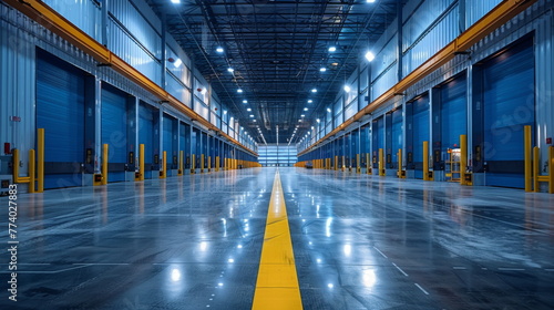 Spacious Warehouse Interior With Yellow Line on Floor photo