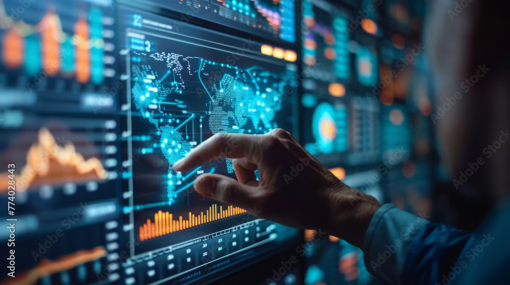 Global Performance management, Close-up image of a person's hand interacting with a futuristic digital interface showing graphs, world map, and data analytics. Global Performance management, Close-up image of a person's hand interacting with a futuristic digital interface showing graphs, world map, and data analytics.