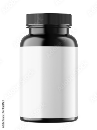 Realistic Black supplement bottle with white label isolated on a white background. Pills bottle with white label.