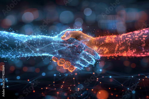 Digital Handshake in Cyberspace. An artistic representation of a handshake comprised of digital network connections and points of light, symbolizing technological partnership or agreement.