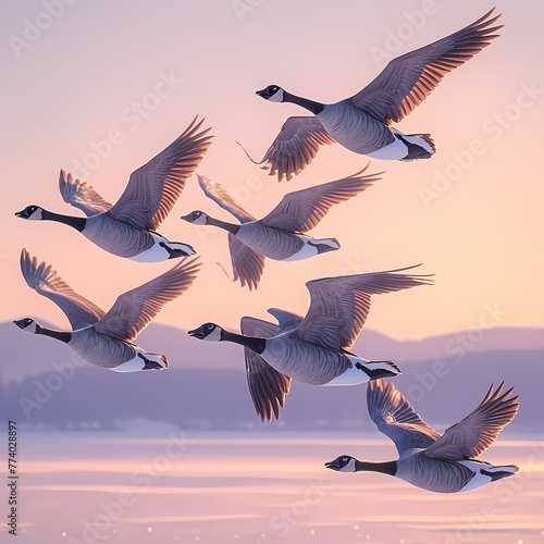 Majestic V-formation flight of geese captured in mid-air, showcasing their grace and harmony amidst a stunning natural backdrop. Perfect for wildlife, travel, and nature content. © RobertGabriel