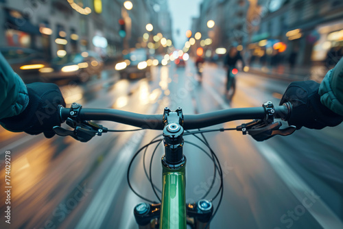 Urban Cyclist Commuting in Bustling City Traffic at Dusk