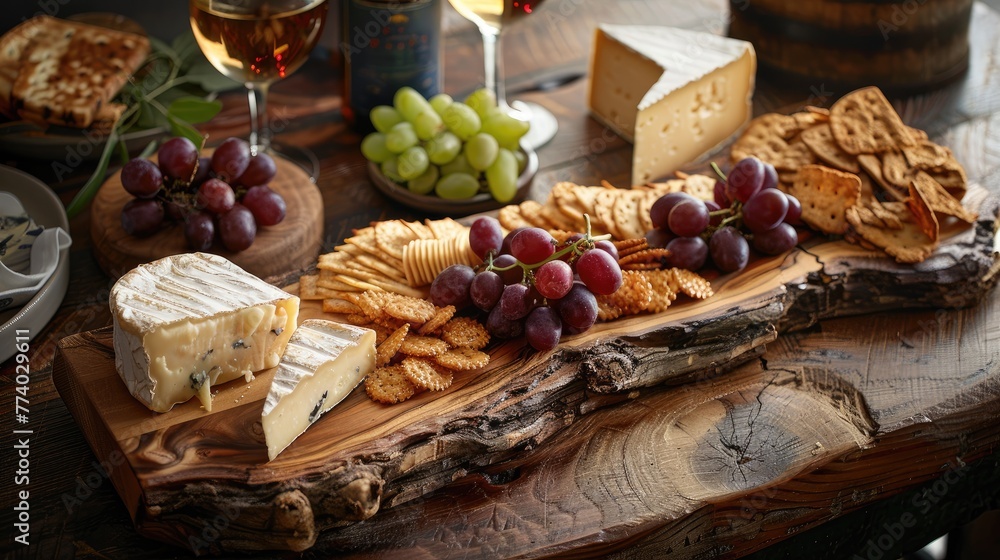Cheese platter with grapes, crackers and wine on wooden table