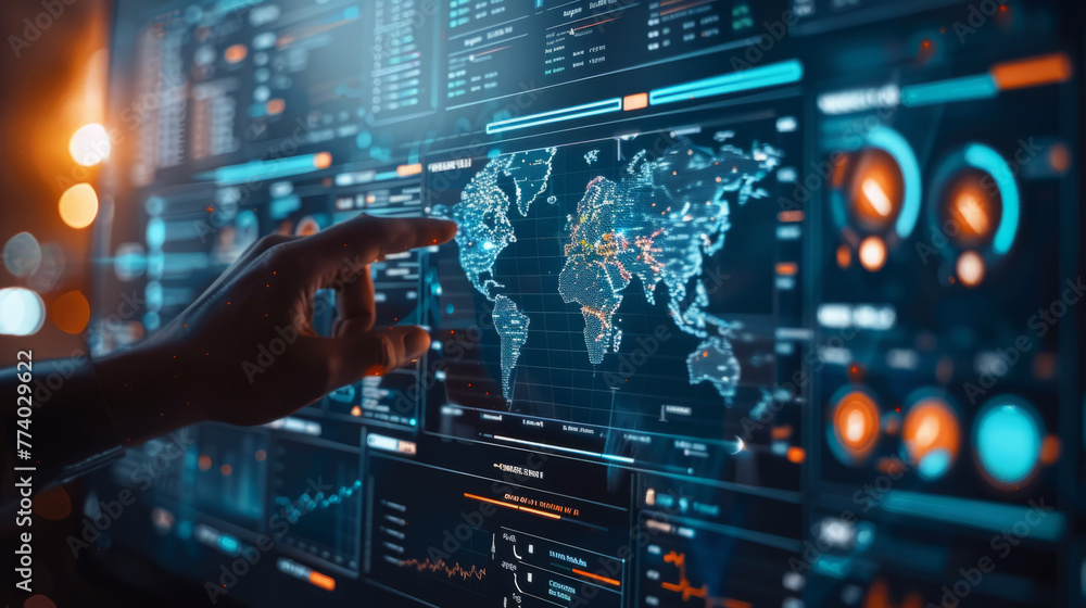 Global business, A person interacts with a futuristic global network interface, touching a digital screen with world map and data analytics. Global business, A person interacts with a futuristic global network interface, touching a digital screen with world map and data analytics.