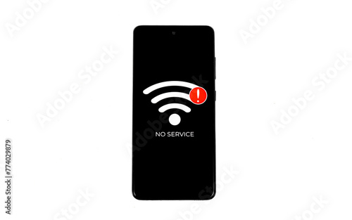 Cellular Problems Concepts. Smartphone with No Service icon on screen isolated on white background. All screen graphics are made up.