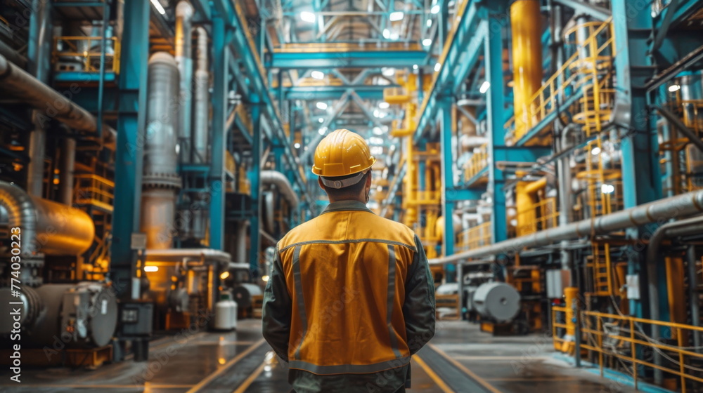 Worker in Hard Hat and Yellow Jacket at Factory Worker in Hard Hat and Yellow Jacket at Factory