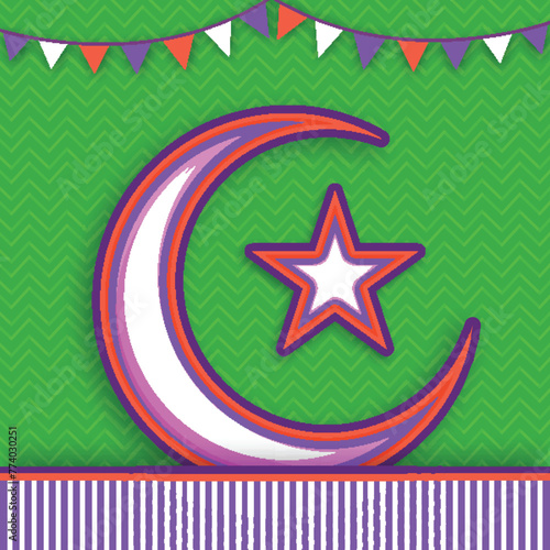 Creative Creascent Moon with Star on green background, Elegant greeting card design for Muslim Community Festival celebration. photo